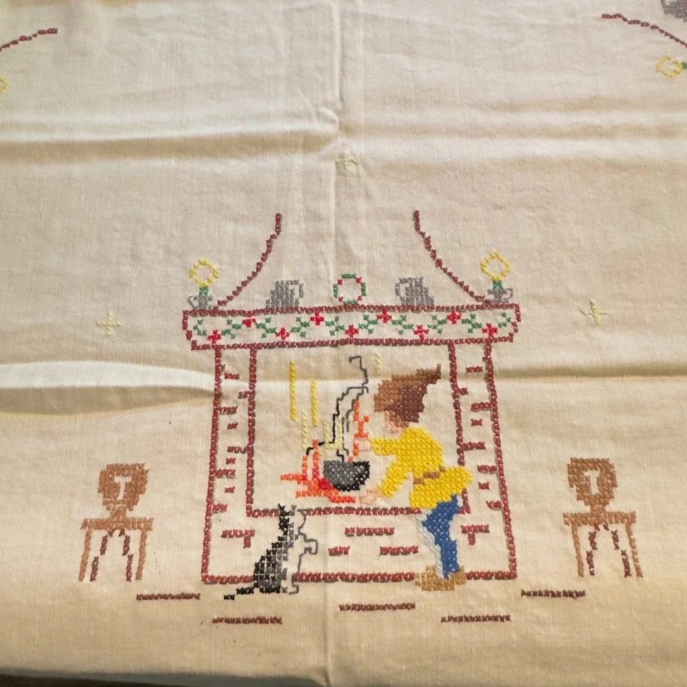 Vtg Tablecloth Embroidered Christmas Gnome Folk Art Linen 49x54 Scandinavian
